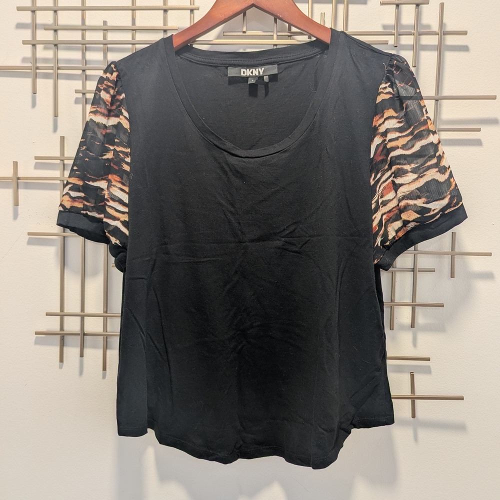 DKNY Black Mixed Media Tiger Print Sheer‎ Short Puff Sleeve Top Women's Size L